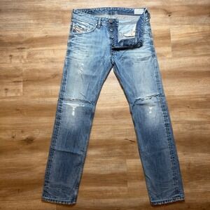 Diesel Belther Jeans Mens 31x32 Light Wash Blue Distressed Slim Tapered 0843S